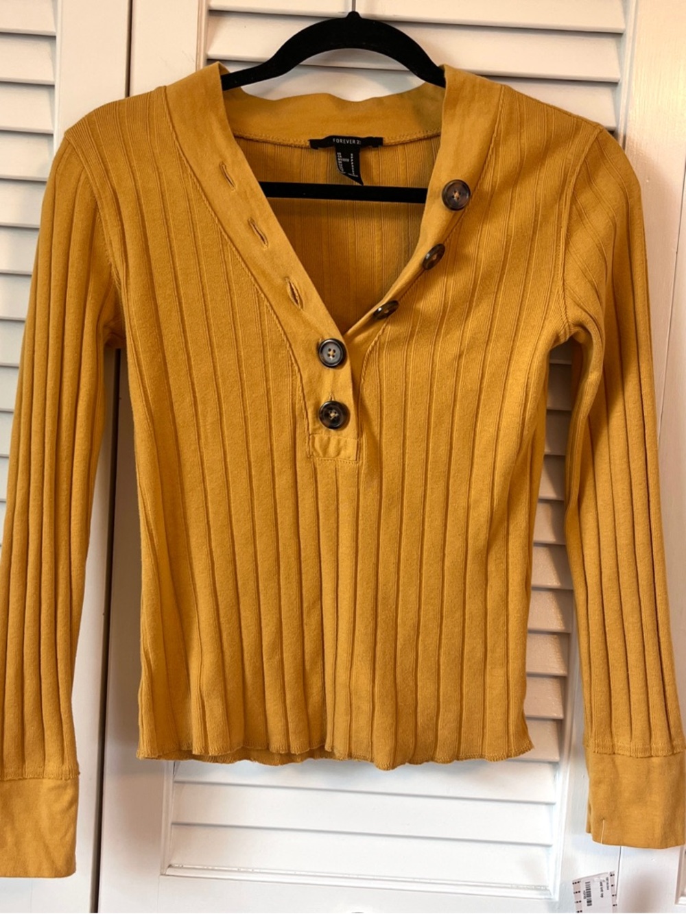 Forever 21 Mustard Ribbed Button-Front Long Sleeve Top